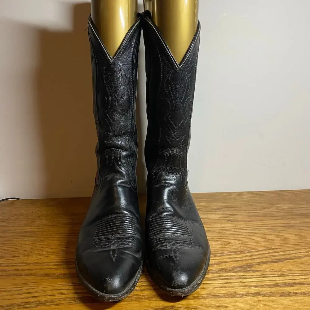 Vintage Dan Post Black Leather Stitched Western Cowboy Boots Mens 9 D USA 6984